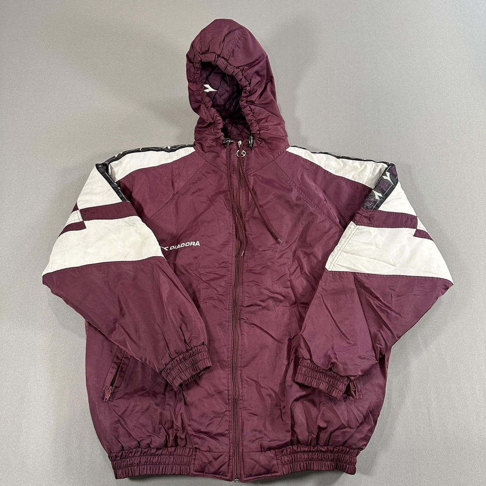 Diadora Windbreaker Jacket Mens Medium Red Colorblock Hooded Full Zip Insulated